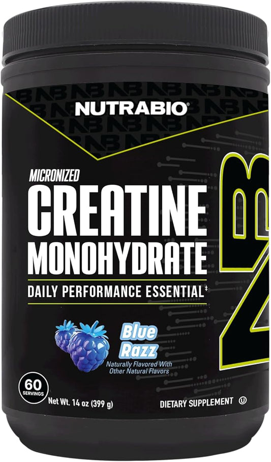 NutraBio Pure Micronized Creatine Monohydrate Powder Supplement, Blue Razz Burst(300 g) - Supports Bulk Muscle Energy, Recovery, and Strength - HPLC Tested Creatine Powder Supplement for Men and Women