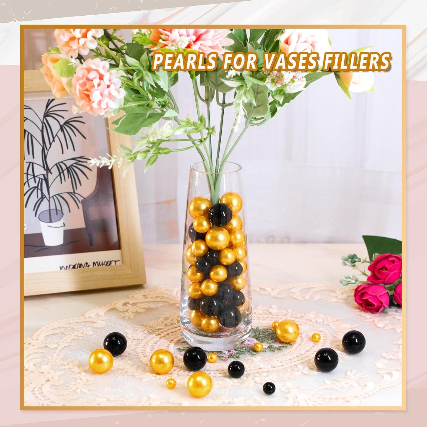 300Pcs Vase Filler Black and Golden Yellow No Hole Faux Pearl Beads for Vase Filling Decorations, Candle Centerpieces, Wedding Centerpieces, Home Party Decor (8/14/20mm)
