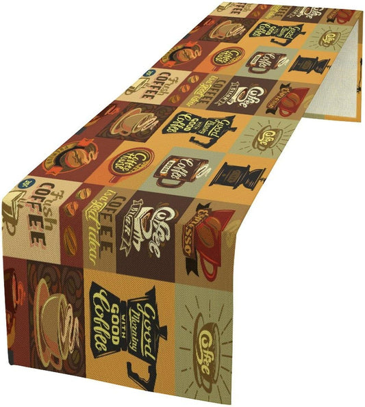 Coffee Table Runner,Vintage Style Coffee Beans Cups Theme Design Pattern Print Tablecloth Burlap for Hotel Indoors Outdoor Dining Room Kitchen Holiday Party, 13x70in