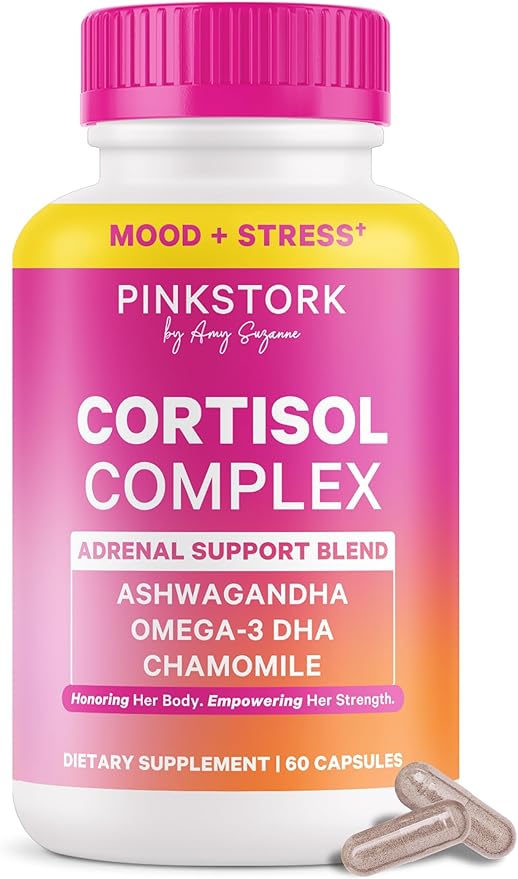 Pink Stork Cortisol Supplements for Women - Adrenal Support + Stress Manager with Organic Ashwagandha, Omega 3, Saffron, Multivitamins - Hormone Balance for Women - 60 Count