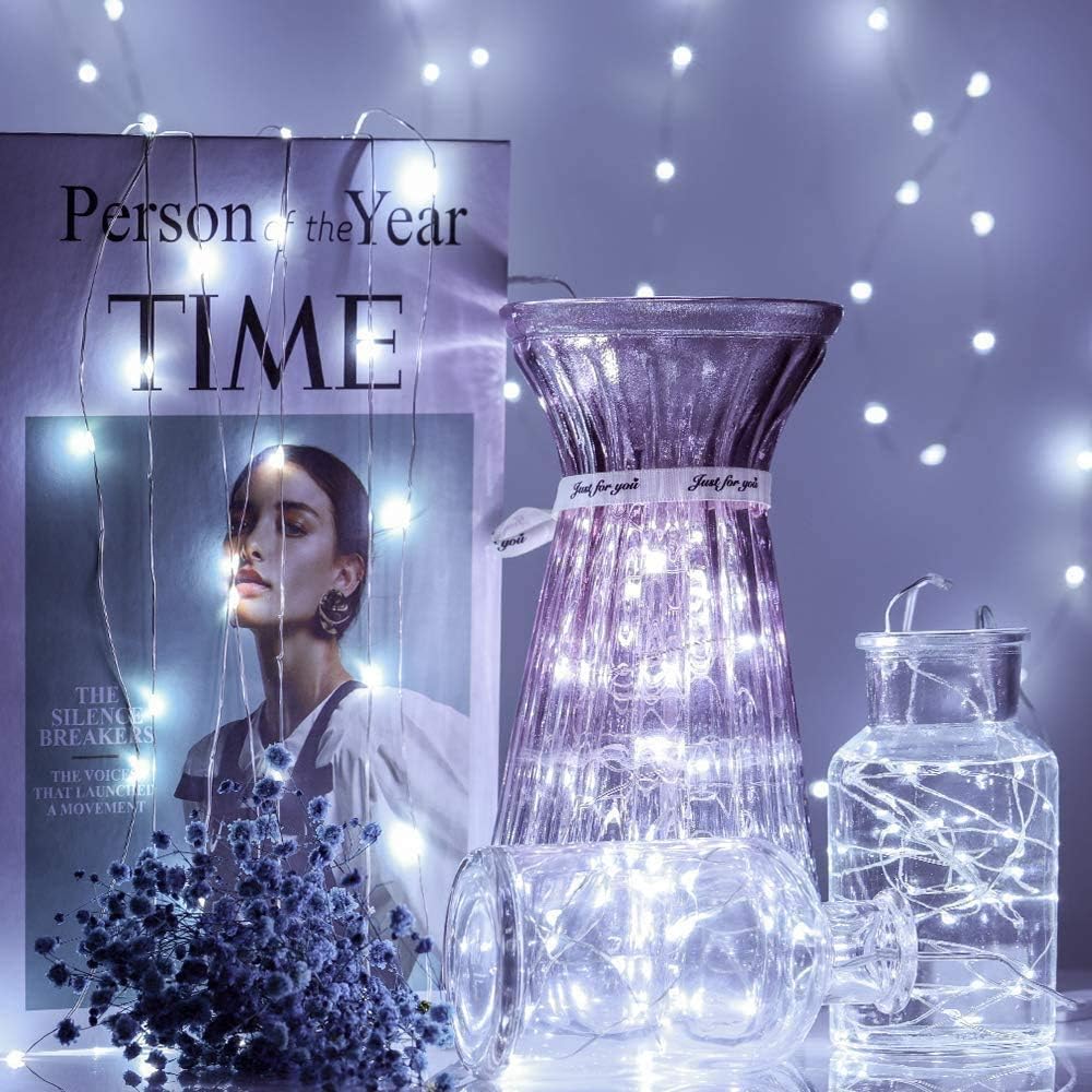 24 Pack Fairy Lights Battery Operated [3 Modes] 7ft 20 LED Mini Twinkle String Lights Waterproof Silver Wire Firefly Starry Lights for Wedding Party Mason Jars Christmas Decor, Warm White & Cool White