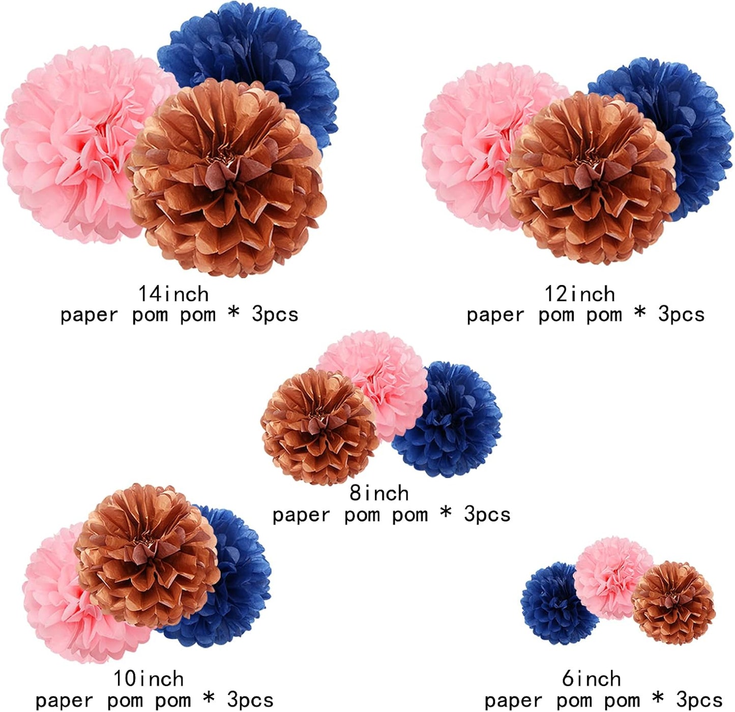 Gender-Reveal Decorations Tissue Paper Pom-Poms - 15pcs 5 Size Navy Blue Pink Rose Gold Paper Flowers,Birthday Bachelorette Bridal Shower Room Decor Engagement Party Decoration Panduola