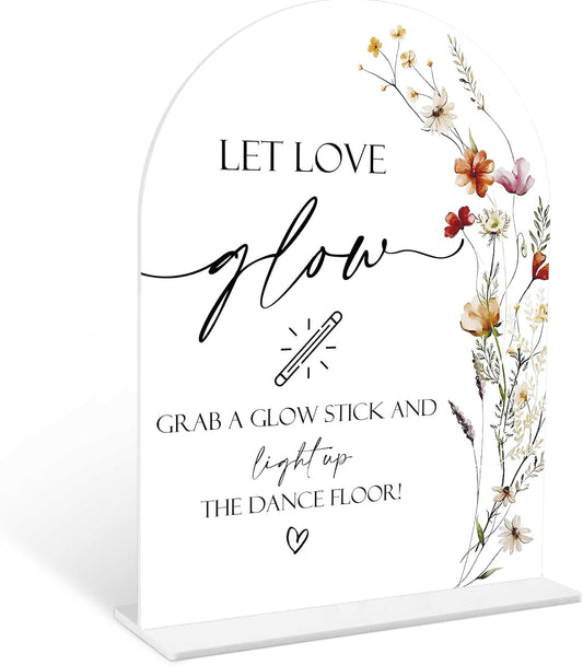 Boho Floral Let Love Glow Sign, 6 x 8 Inch White Arch Acrylic Wedding Sign with Holder, Wedding Sign for Ceremony and Reception, Wedding Decoration, Wedding Supplies - BX13