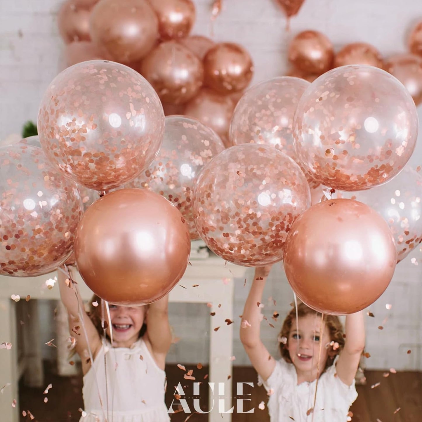 AULE Party Balloons Pack of 42 - Metallic Chrome Rose Gold Balloons and Rose Gold Confetti Latex Helium Balloons With 64ft Ribbons - 12 Inch Balloon Decoration Kit