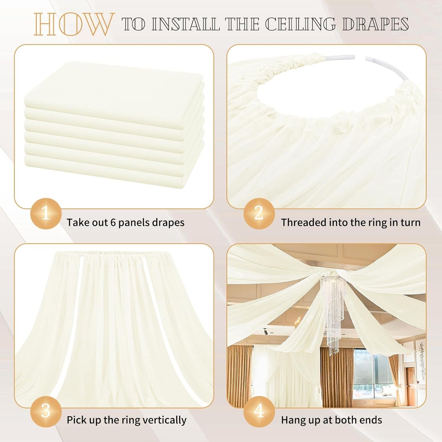 6 Panels Ivory Ceiling Drapes for Wedding 5ftx40ft Sheer Drapery Chiffon Fabric Arch Draping Curtains for Party Ceremony Birthday Baby Shower Reception Stage Ceiling Decorations