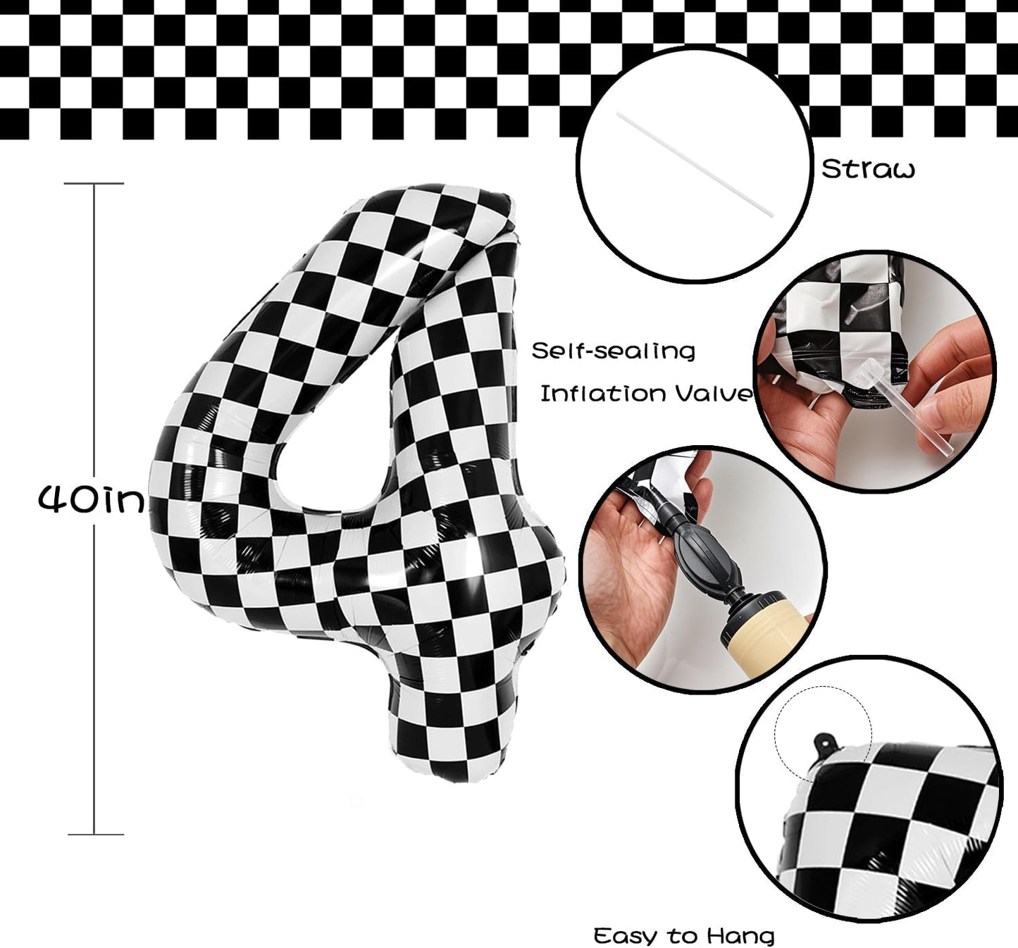 40 Inch Checkered Number Balloon - Race Flag Pattern Big Helium Balloon for Birthday Party Decorations - Black & White Balloon for Kids Adults Party Supplies (Racing Car, Number 4)