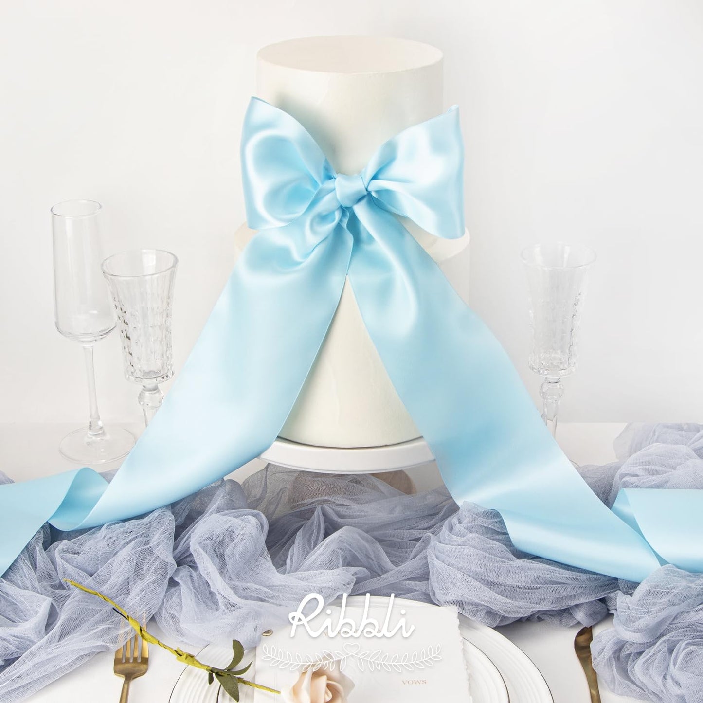 Ribbli Light Blue Satin Ribbon 4 Inch Wide Baby Blue Ribbon for Wedding Chair Sash Grand Opening Ceremony Big Bows Gift Wrapping Floral Crafts Cake Decor-Double Faced Satin Continuous 10 Yards
