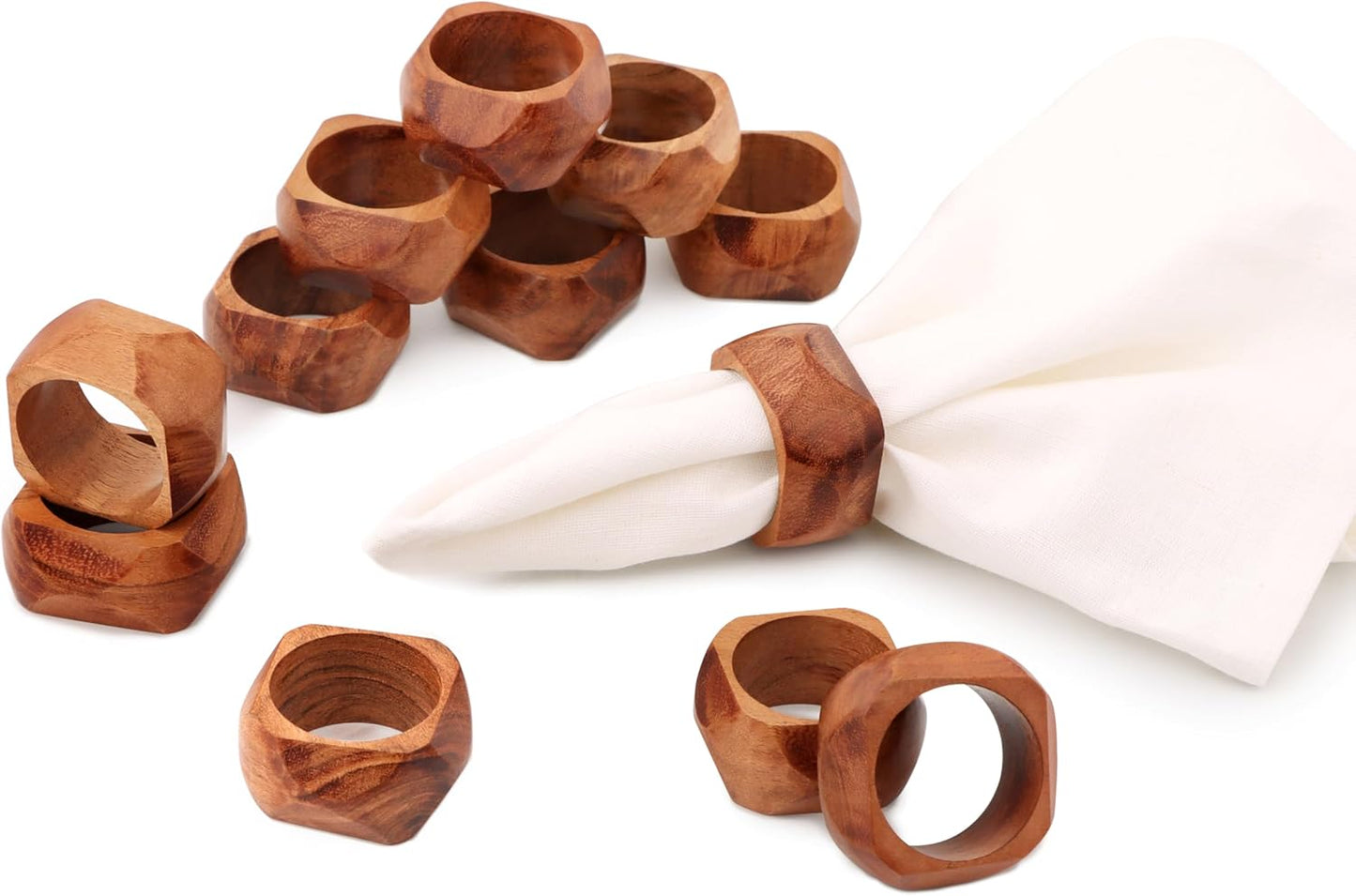Wooden Napkin Rings Set of 12 Fall Decor for Home Square Acacia Wood Napkin Holders for Dining Table Wood Napkin Ring Rustic Table Décor for Weddings, Parties, Everyday Use (Brown) - CLEENTABLE