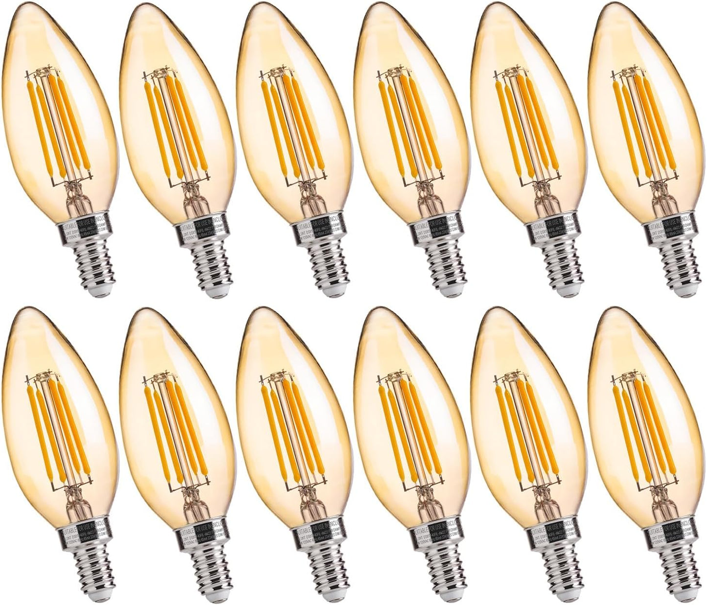 FLSNT LED Candelabra Light Bulbs 40W Equivalent, B11 E12 Small Base Chandelier Bulbs, 2200K Warm White, Dimmable, 330LM, Amber Glass Finishing, 12 Pack UL,CA65 Listed.
