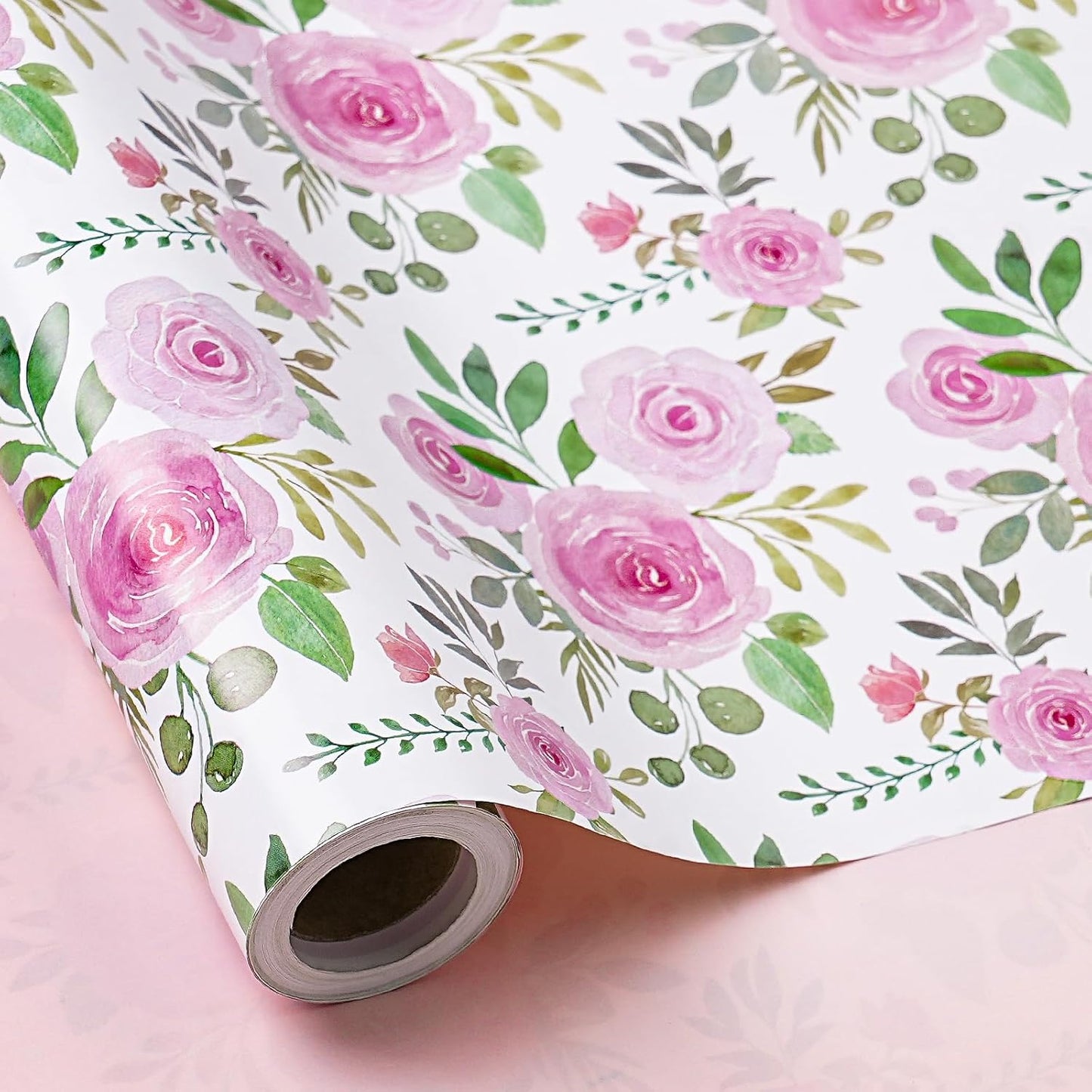 RUSPEPA Reversible Floral Wrapping Paper Roll, Mini Roll, Pink Rose Blossom Design and Pink Solid Color, Elegant Gift Wrap for Birthday, Wedding, Mother's Day, Bridal Shower, 17 Inches x 16.4 Feet