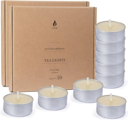 100-Pack Pure Beeswax Tealight Candles in Aluminum Cups - 4-5 Hour Burn Time, Lead-Free Cotton Wick, Natural Unscented Candles，White