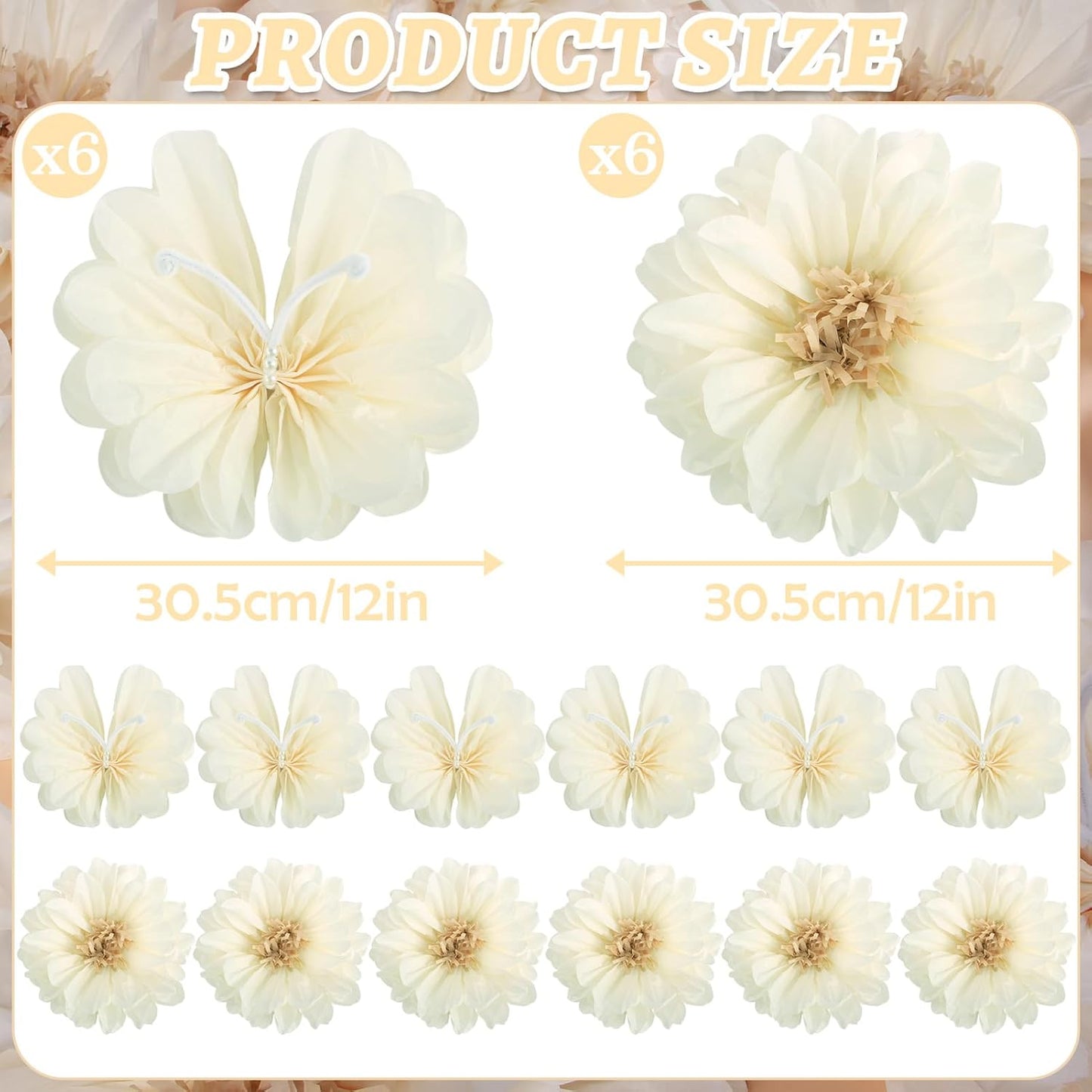 12PCS White Daisy Tissue Paper Pom Poms, Butterfly Birthday Decorations, Butterfly Wedding Wall Decor, Tissue Paper Flower Decoration for Wall Wedding Baby Shower Decor