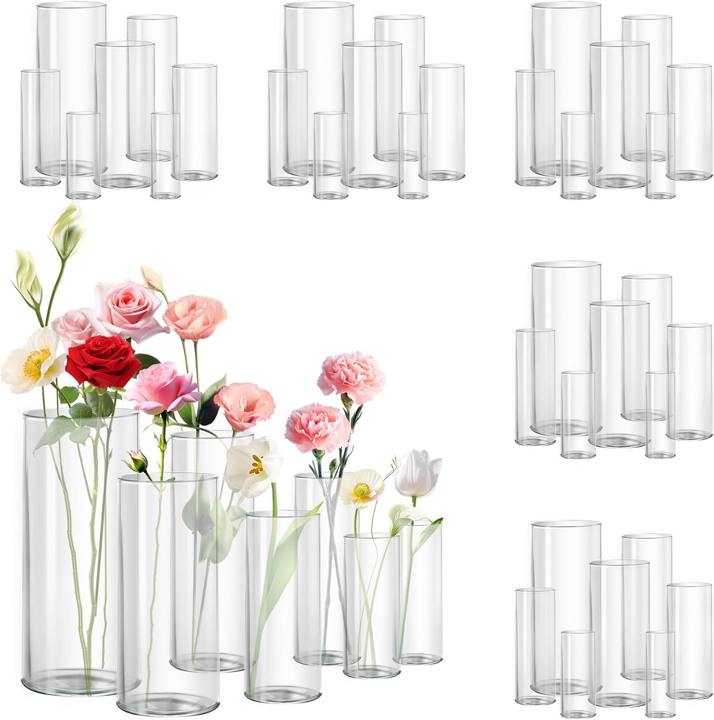 Glass Vase Cylindrical Vase for Tabletop Decoration, Candle Glass Vase, Pebble Vase for Party, Wedding, Banquet Decoration (42, 5.9+5.9+7.9+7.9+10+10+11.9inch)