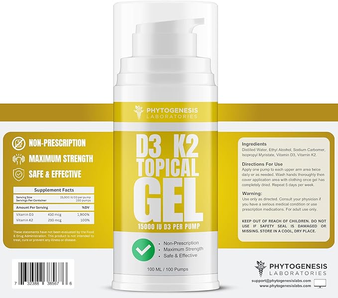 Vitamin D3 K2 Maximum Strength Topical Gel - 15000+ IU Per Pump - The Sunshine Vitamin - Supports Bone & Joint Health, Immune Support - One Month Supply