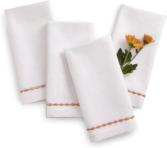 Cotton Linen Dinner Napkins 20 x 20 Inch – White Cloth Napkins with Motif Embroidery – Set of 4 Washable Fabric Napkins for Spring, Summer, Wedding Decoration, Gift