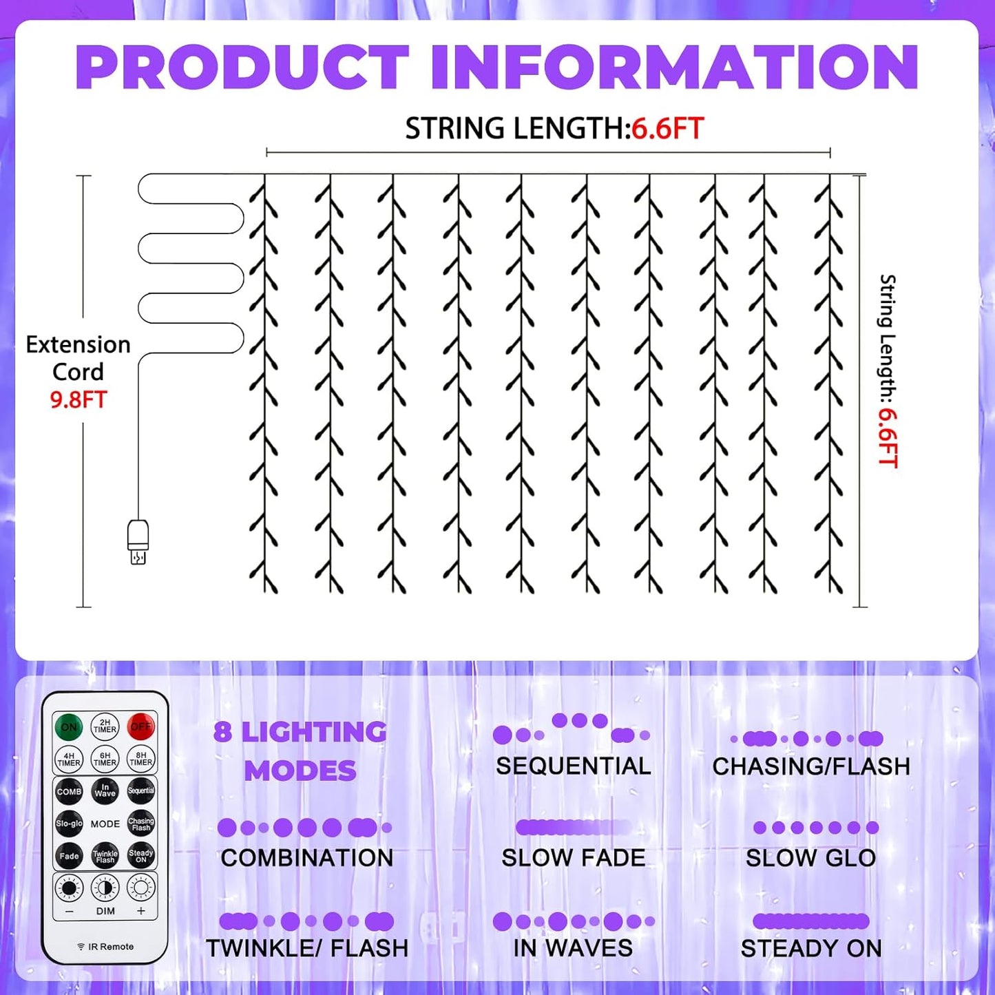 Curtain Light for Bedroom, 200LED 6.6x6.6ft Purple Window Wall Hanging Fairy Curtain String Light, 8 Modes Remote Fairy String Lights Indoor for Wedding Party Home Garden Decorations