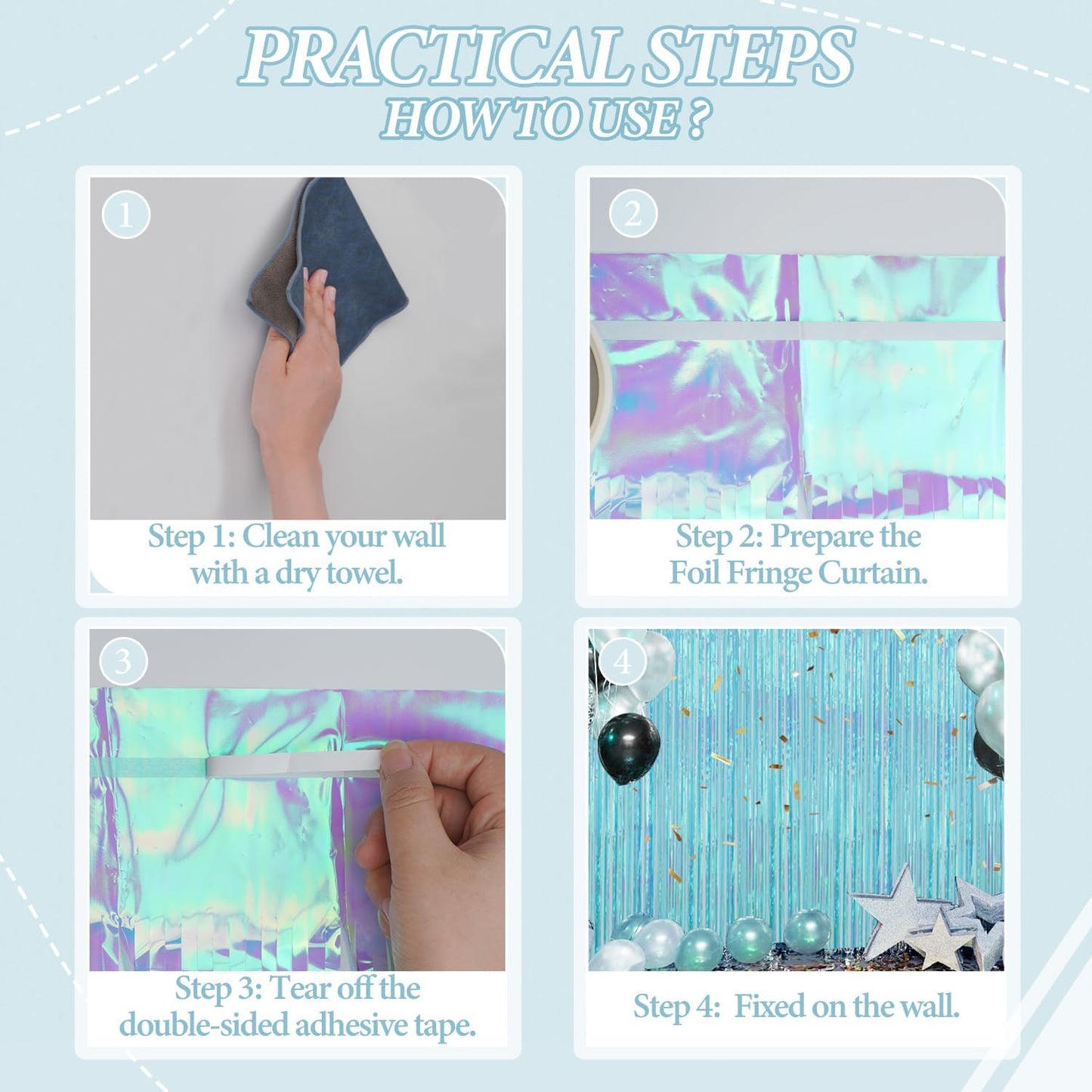 3 Pack Foil Fringe Backdrop - Transparent Blue Shiny Tinsel Curtains for Party Decoration/Photo Booth Props - 3.3x8.2FT Metallic Foil Backdrop for Birthday, Wedding, Graduation, Christmas