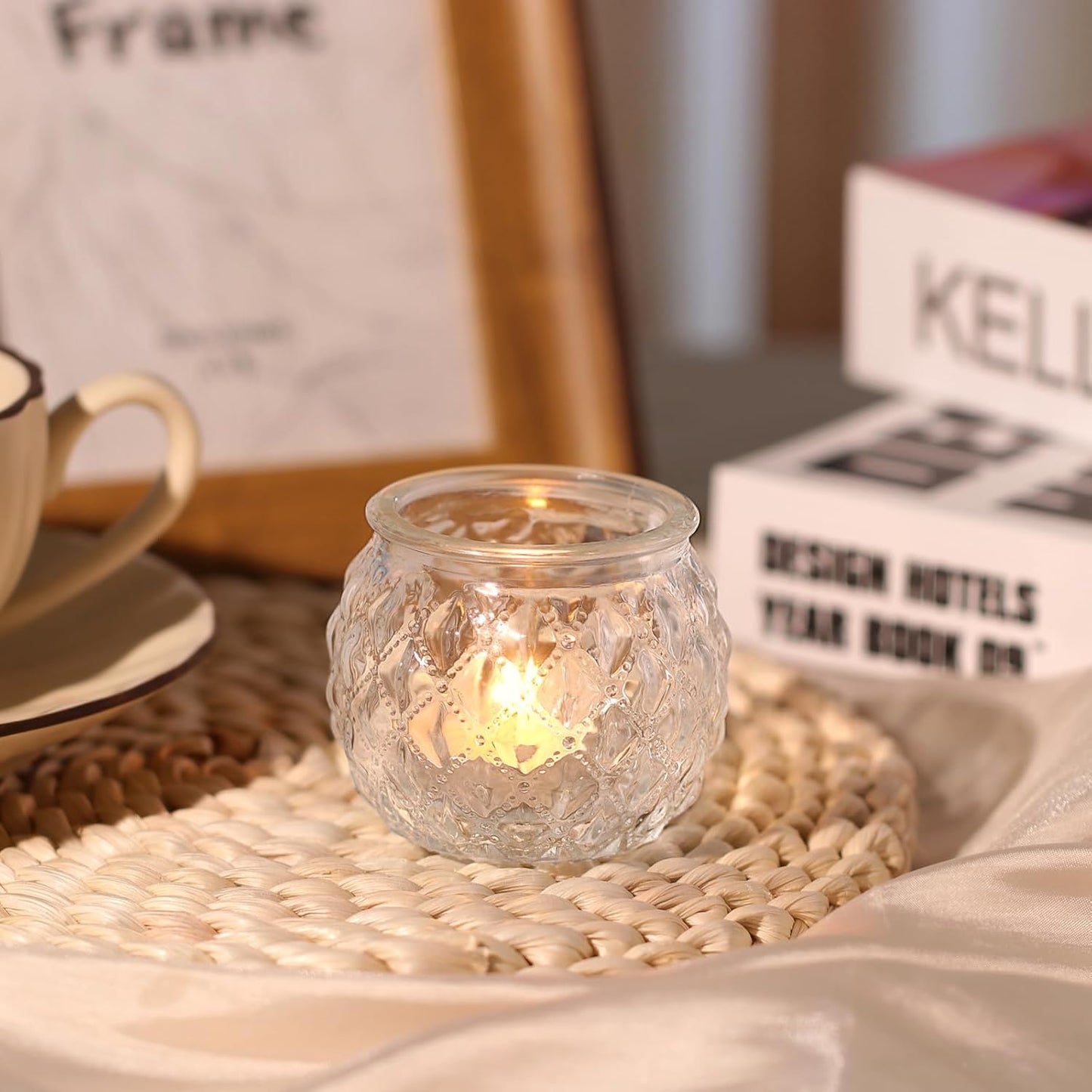 DARJEN 48Pcs Clear Votive Candle Holders - Round Candle Holder, Candle Holders Bulk for Tea Light Candle, Embossed Candle Votives for Wedding Centerpiece & Home Decor