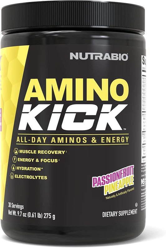NutraBio Amino Kick – BCAA Powder with Natural Caffeine – Amino Acids Supplement for Energy, Hydration & Recovery – BCAAs, Electrolytes & Amino Acids – Pineapple Passionfruit, 30 Servings