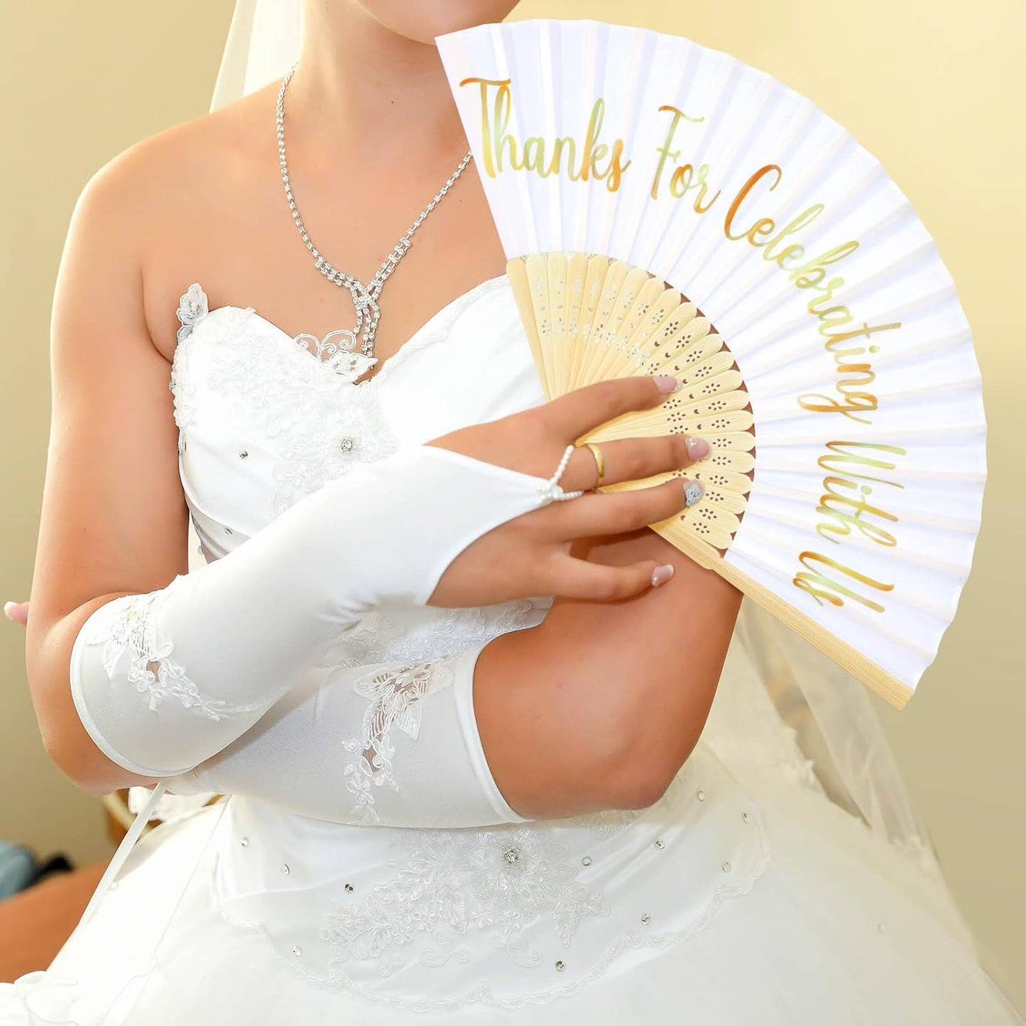 Jetec 50 Pcs Wedding Fans for Guests Bulk Silk Hand Fans Handheld Folded Thank You for Celebrating with Us Wedding Favors for Bridal Bridesmaid Baby Shower Dancing Party Church Gift(White)