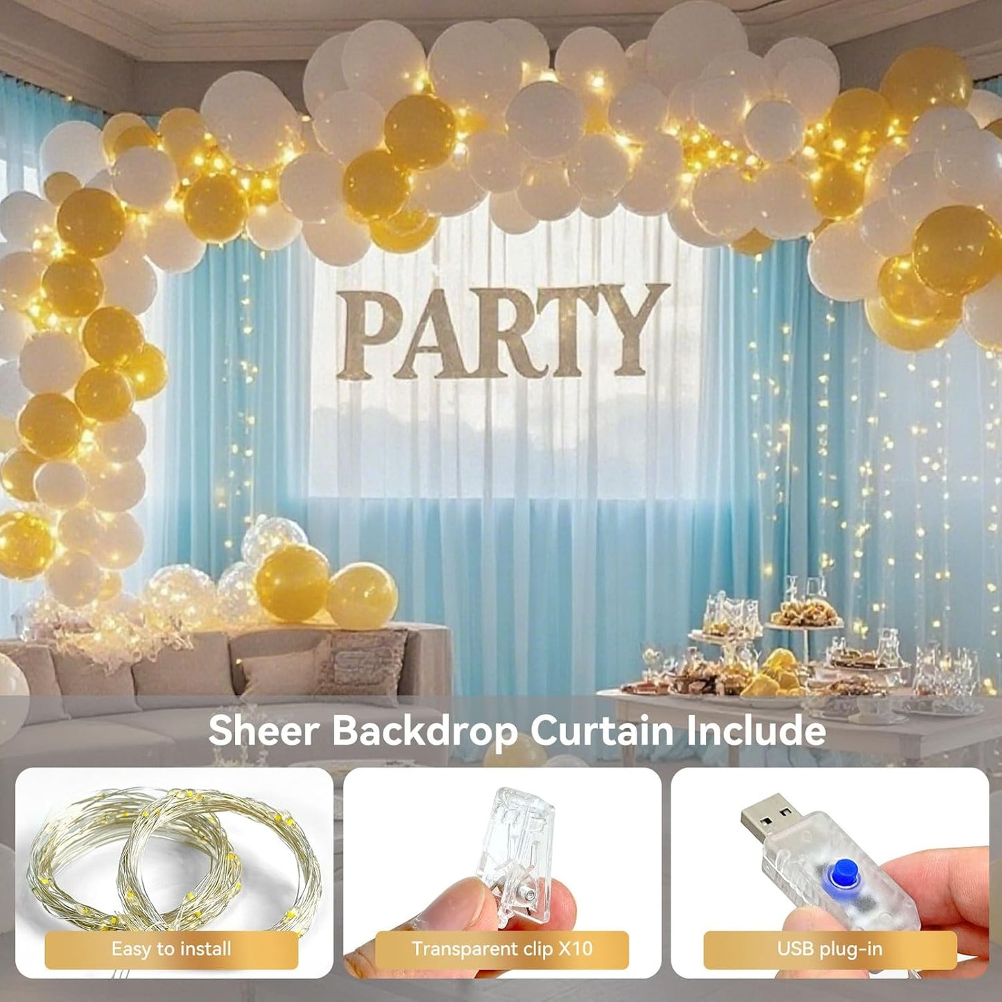 10×10ft Tulle Backdrop Curtains with Lights String - 300LED Fairy Lights Sheer Curtain Backdrop for Weddings Baby Shower and Birthday Party Decorations(8 Panels 5×10ft)