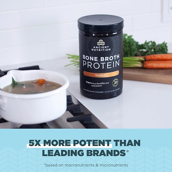 Ancient Nutrition Grass Fed, Cage Free, Bone Broth Protein Powder, 20g Protein, Hydrolyzed Collagen Peptides, Keto & Paleo Friendly, Supports Joint & Gut Health, Turmeric, 20 Servings