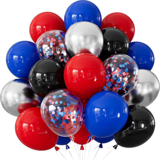 Black Red and Blue Balloons - 12 Inch Red Black Balloons Royal Blue Latex Balloon Glitter Metallic Silver Confetti Balloon for Man Boys Birthday Baby Shower Spider Theme Party Decoration, 50Pcs