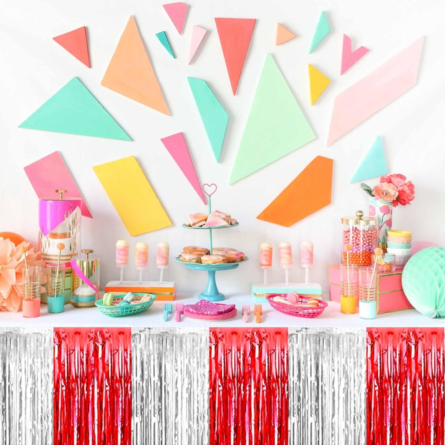 3 Pack Red and Silver Foil Fringe Table Skirts Metallic Tinsel Streamers Garland Banner Backdrop for Table Decor, Parade Float, Birthday, Wedding, Halloween, Christmas Party Decorations(29x108 In)