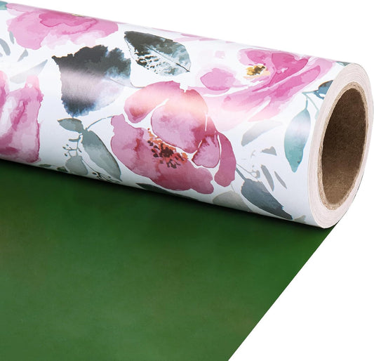 RUSPEPA Reversible Floral Wrapping Paper for Women, Mini Roll, Vintage Pink Rose with Deep Green Solid, Elegant Gift Wrap for Birthday, Wedding, Mother's Day, Bridal Shower, 17 Inches x 16.4 Feet