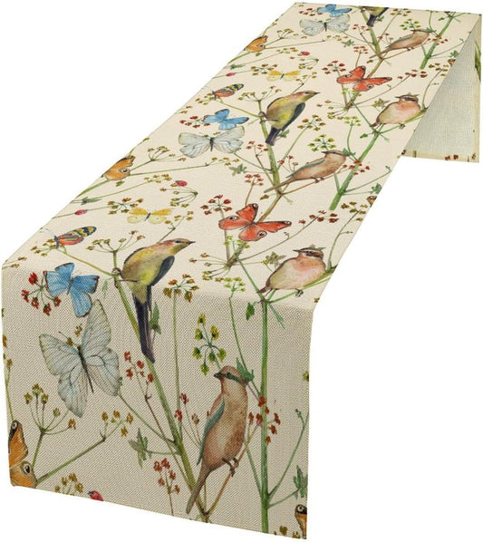 Brown Bird Floral Table Runner Spring Flower Kitchen Table Decoration Suitable for Family Dinner Decoration 13x90 Inch