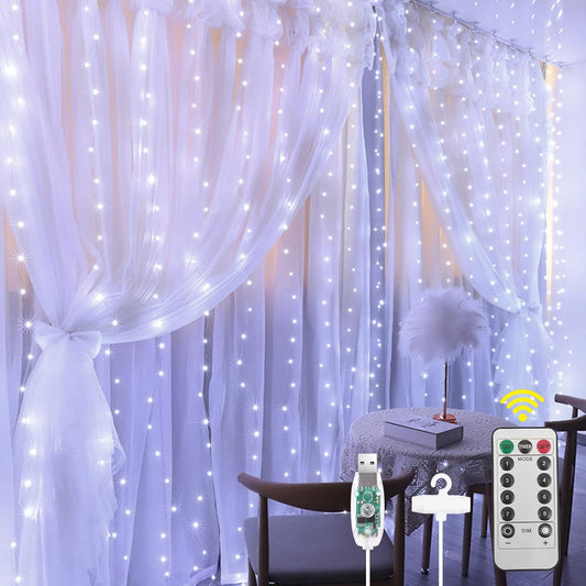 AOMIG Fairy Curtain Lights,300 LED White Window Curtain String Light,8 Modes 9.8×9.8Ft Waterproof Curtain String Light USB Powered with Remote Control,Christmas String Lights for Indoor/Outdoor