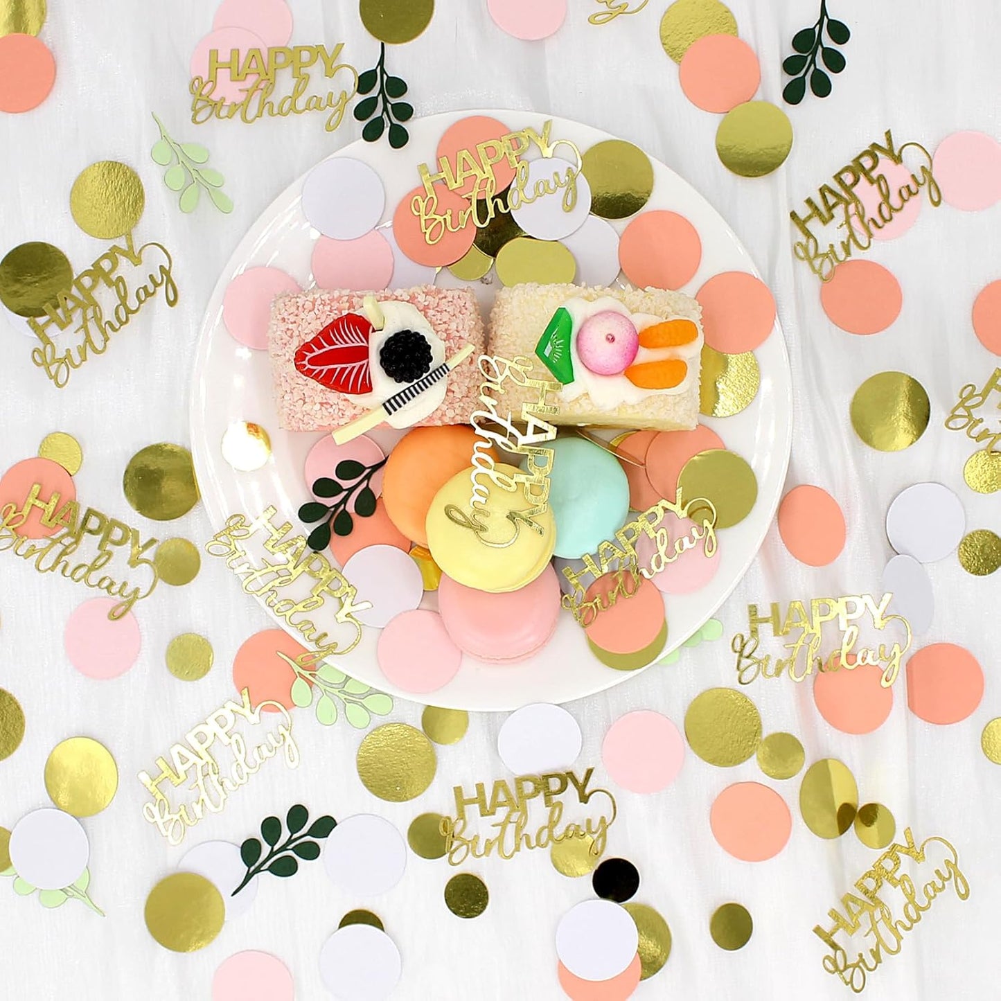 300PC Pink and Sage Green Happy Birthday Confetti for Table Boho Birthday Decorations for Women/Girl Round Dots Eucalyptus Table Scatters Party Supplies