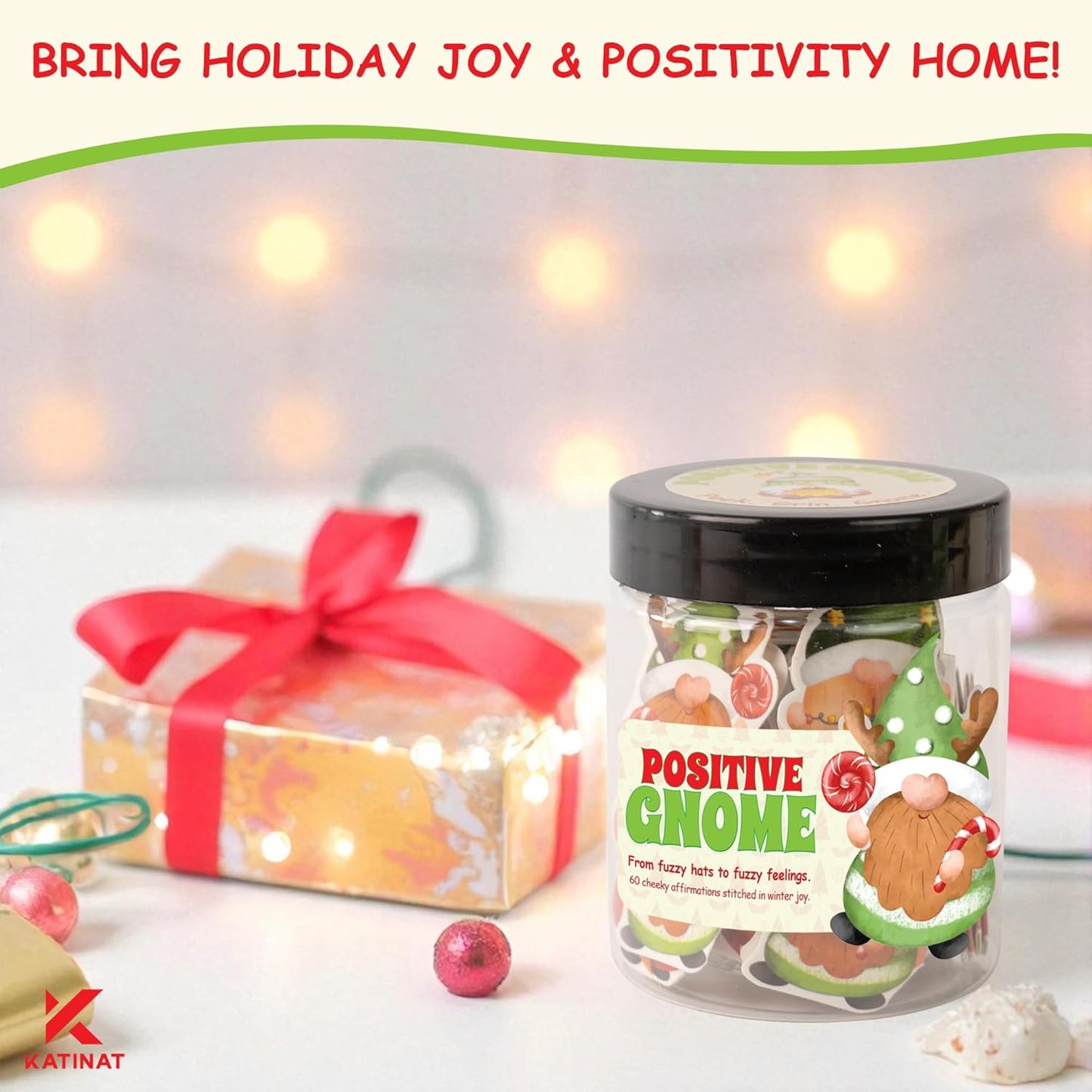 Positive Gnome Jar – 60 Funny Emotional Support Gnome, Christmas Gifts for Teens, Women, Men, Coworkers, Teachers, Sisters, Friends – Christmas Gnome Gifts for Women, Teens, Kids