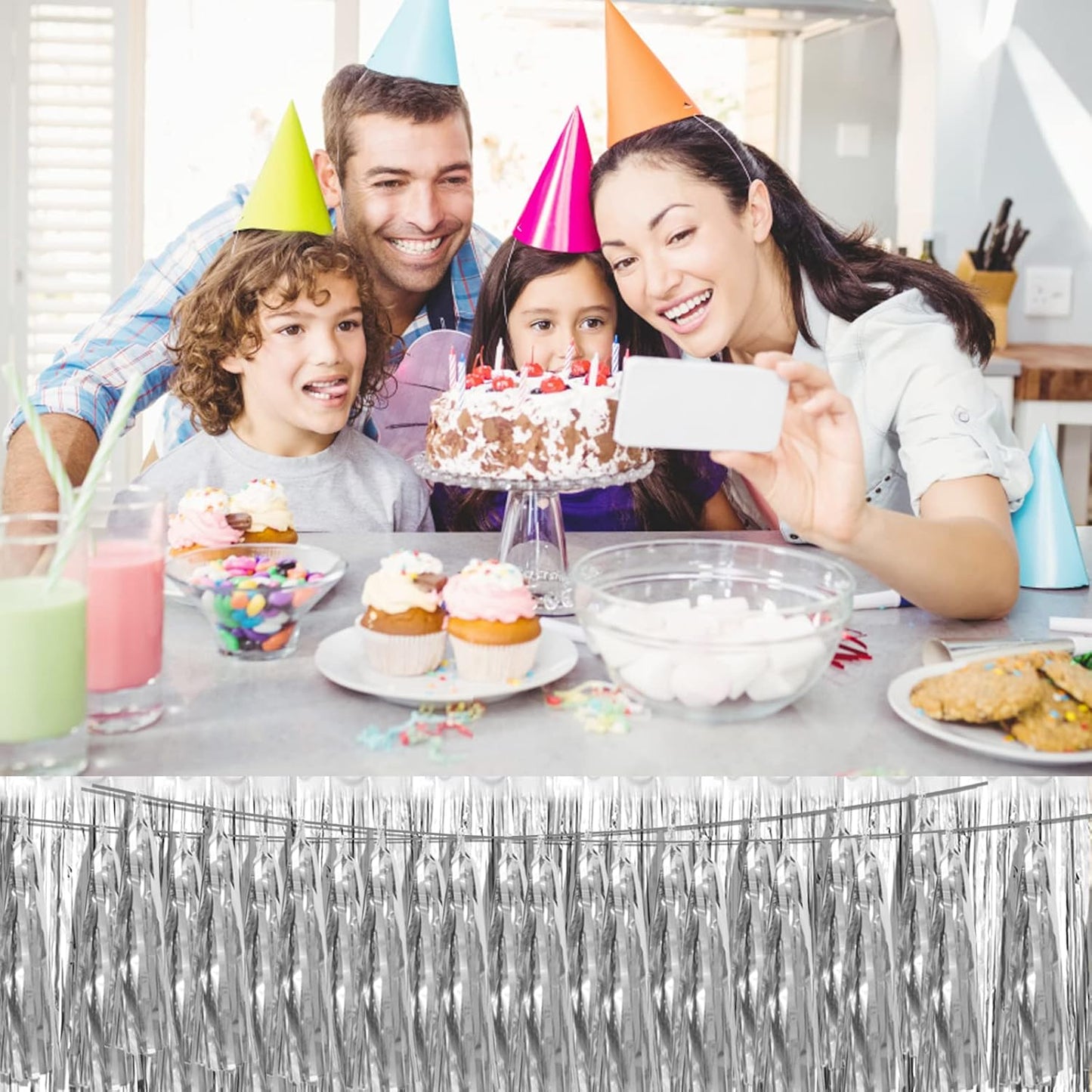 6P Silver Foil Fringe Metallic Tassel Streamers Banner Tassel Garland for Parade Floats, Bachelorette, Wedding, Birthday, Graduation, Christmas, Bridal/Baby Shower Party Decorations