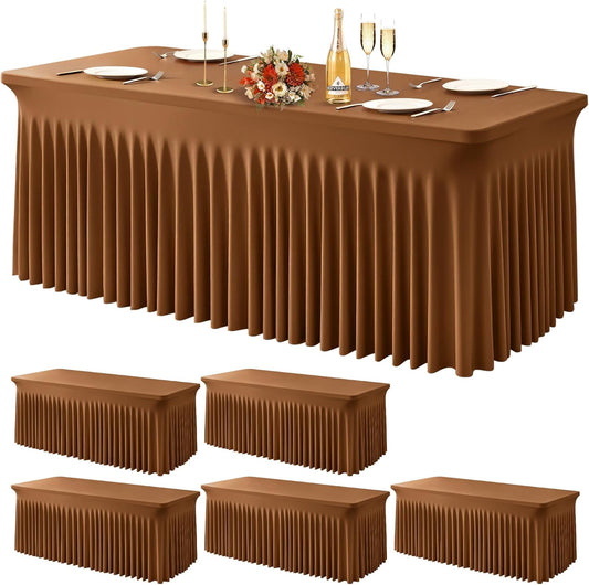 Wish Care 6 Pack Brown Spandex Table Clothes for 6 Foot Rectangle Tables, 6FT Wrinkle Free Fitted Tablecloths Ruffles Design Table Cover for Party, Banquet, Wedding and Events