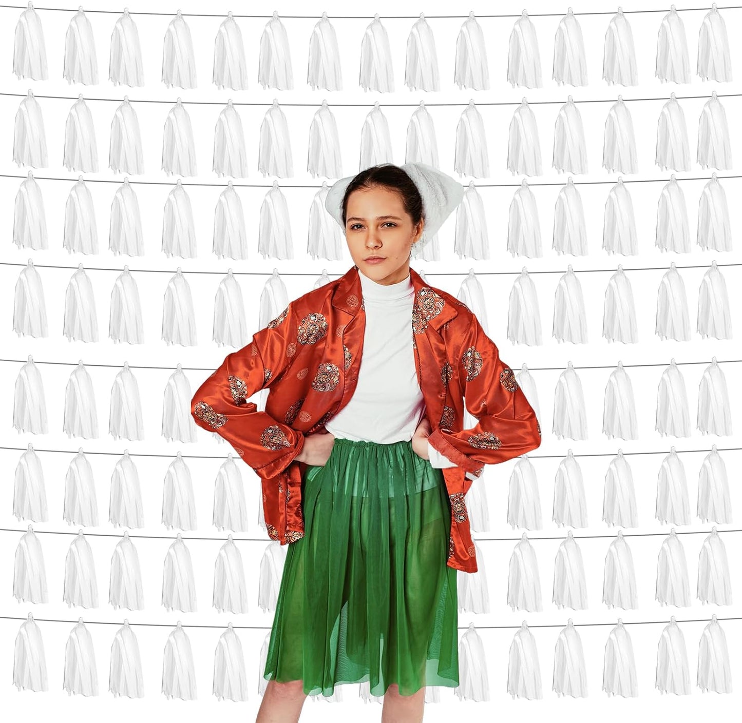 8P White Foil Fringe Metallic Tassel Streamers Banner Tassel Garland for Parade Floats, Graduation, Wedding, Birthday, Halloween, Christmas, Bridal/Baby Shower Party Decorations