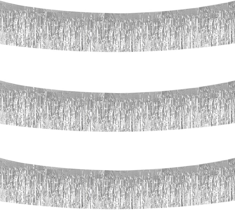 BEISHIDA 3 Packs 30 Feet Metallic Foil Fringe Garland Tinsel Streamers，Shiny Silver Wall Hanging Tinsel Fringe Banners for Wedding Birthday Party Decoration Halloween Christmas New Year