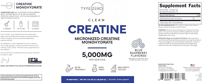 Type Zero Creatine Monohydrate Powder 500 Grams, Blue Raspberry Flavor - Gluten-Free