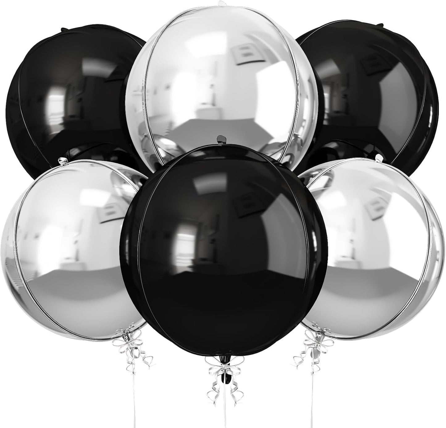 6Pcs Black Silver Round Foil Balloons, 22inch 4D Metallic Silver Black Balloons, Large Round Foil Ball Balloon for Birthday Graduation Christmas New Year Eve Disco Party Backdrop Decorations