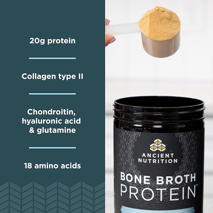 Ancient Nutrition Grass Fed, Cage Free, Bone Broth Protein Powder, 20g Protein, Hydrolyzed Collagen Peptides, Keto & Paleo Friendly, Supports Joint, Gut Health, Vanilla, 20 Servings