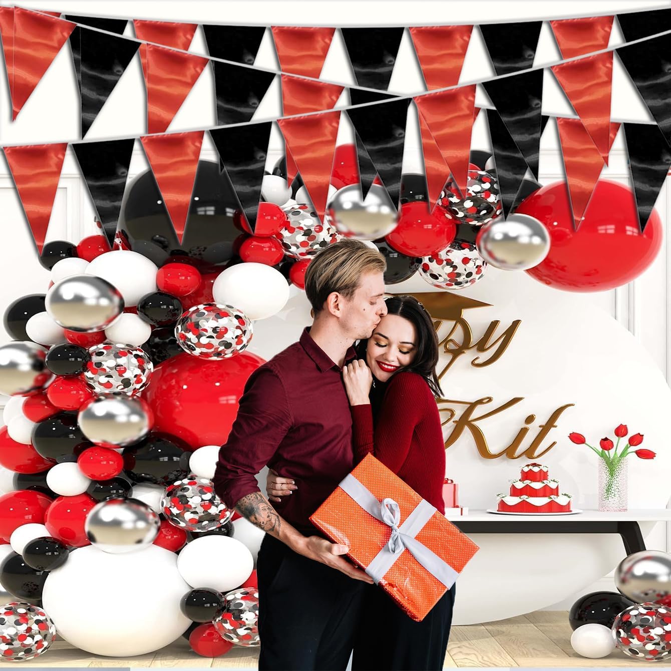 65FT Red Black Triangle Pennant Banner Flag Metallic Fabric Bunting Garland for Christmas Graduation Bachelorette Anniversary Birthday Engagement Wedding Anniversary Casino Party Decorations Supplies