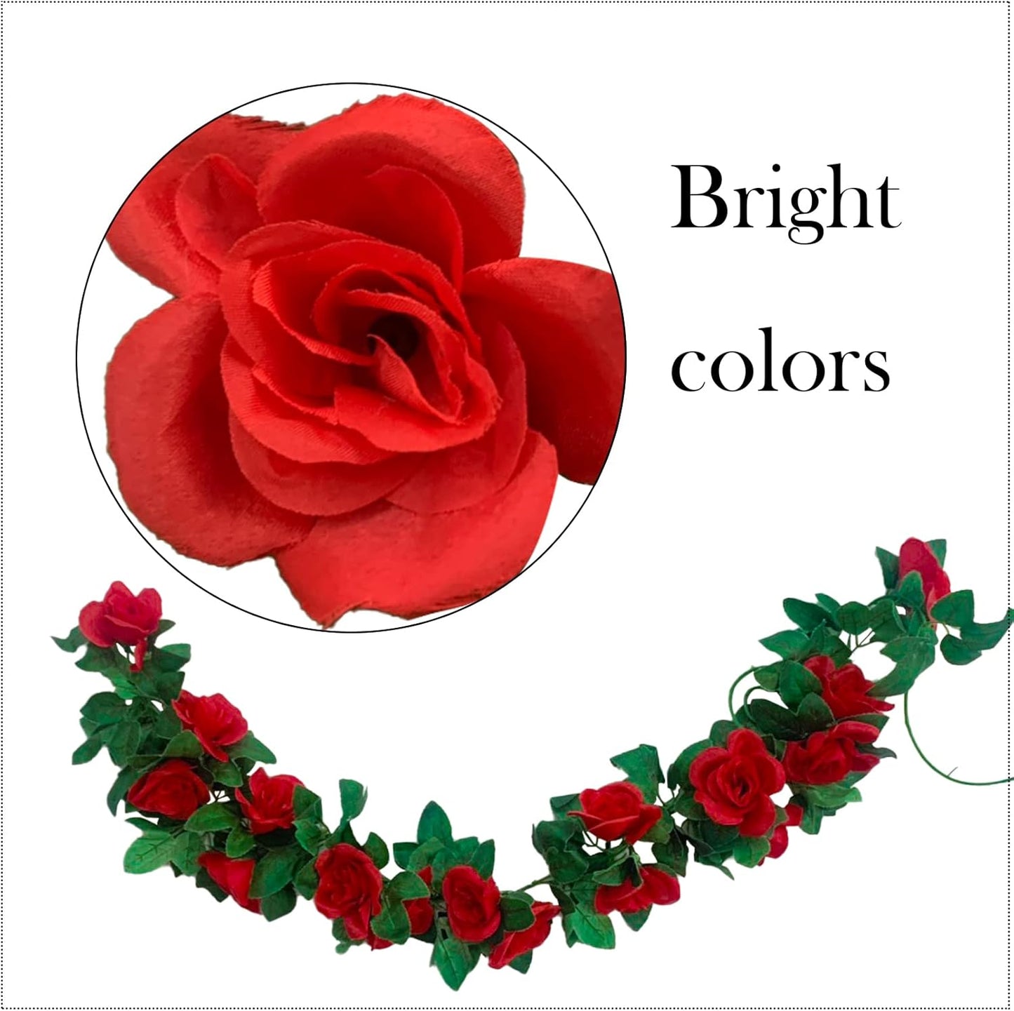 2 Pack Artificial Rose Vine Garland Fake Roses Flowers Plants Vines Hanging Floral Leaves Decoration for Wedding Party Table Garden Arch Wall Home Room Decor(Red)