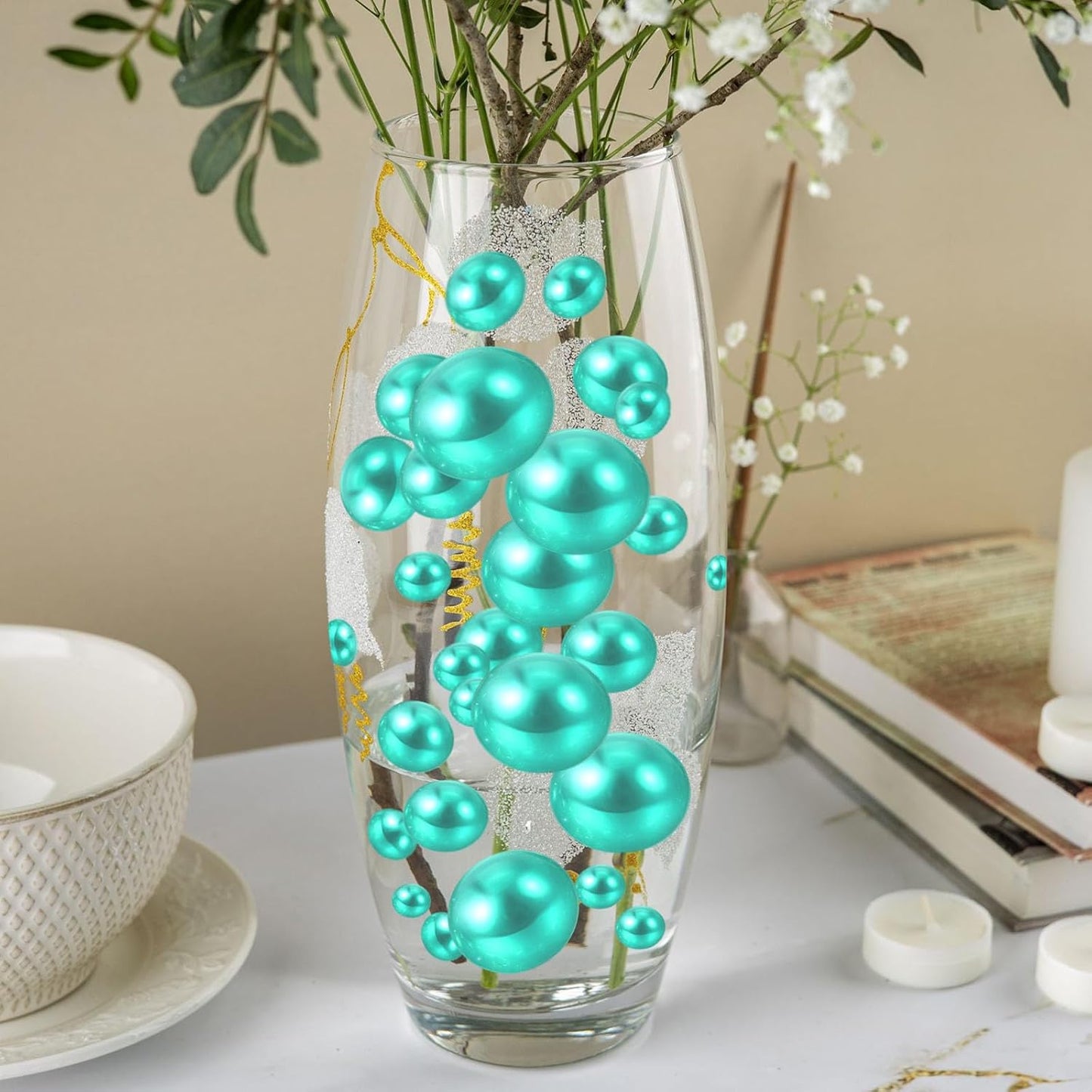 100PCS Lake Green Faux Pearls Beads for Centerpiece Vases, Vase Filler Faux Pearls, No Holes Filler Beads for Party Anniversary Birthday Wedding Table Decor, 14/20/30mm