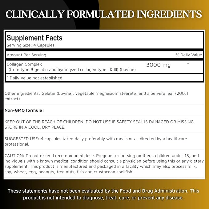 Collagen Peptides Complex – 3000mg Hydrolyzed Type I & III Collagen with Aloe Vera – Halal Certified – Skin, Hair, Joint & Bone Support – 120 Capsules – Made in USA