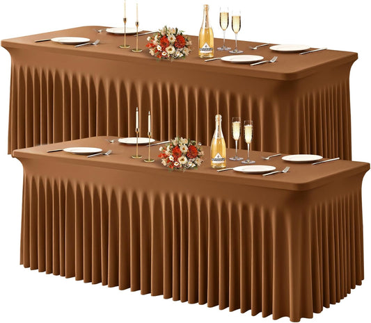 Wish Care 2 Pack Brown Spandex Table Clothes for 6 Foot Rectangle Tables, 6FT Wrinkle Free Fitted Tablecloths Ruffles Design Table Cover for Party, Banquet, Wedding and Events