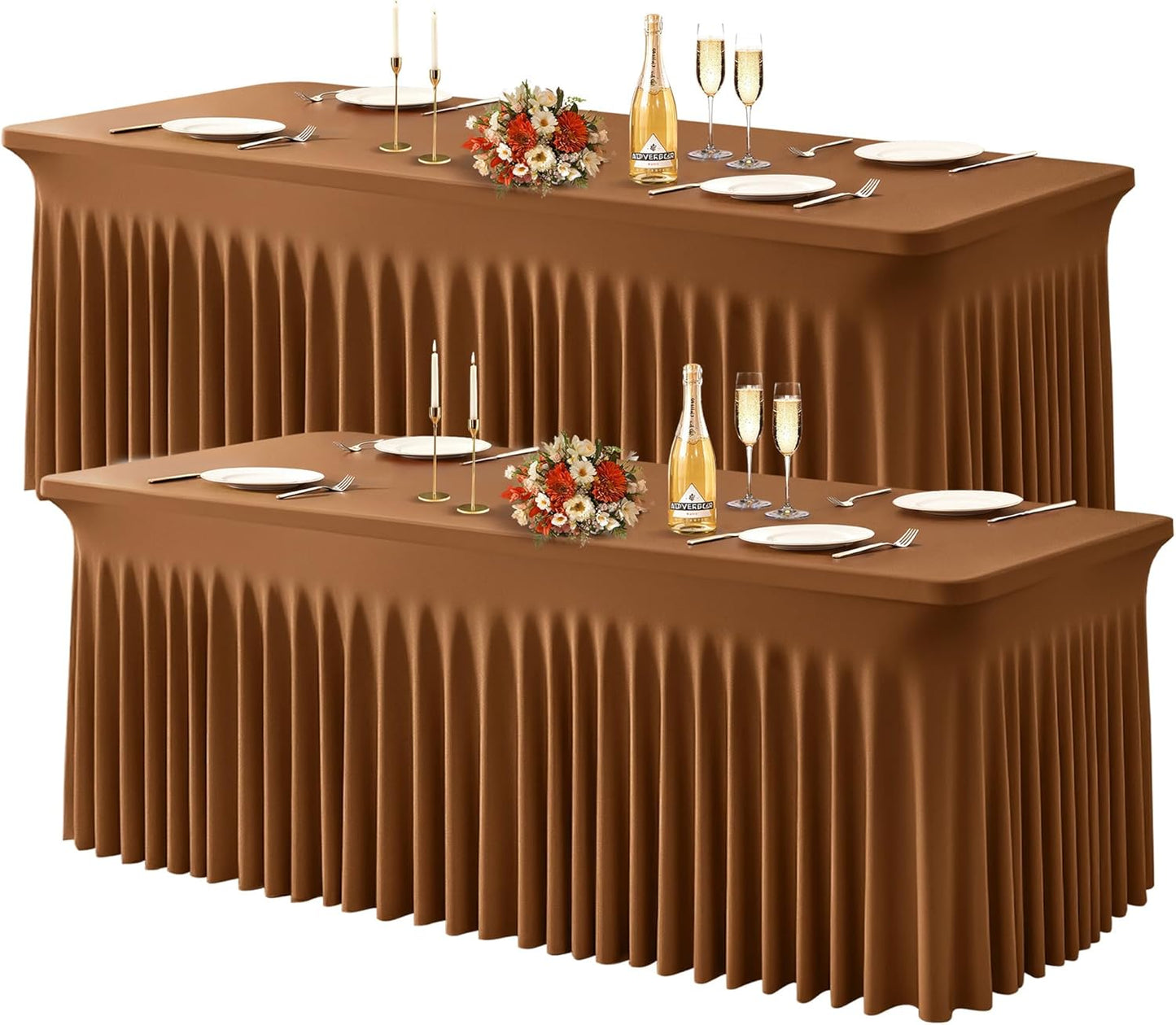 Wish Care 2 Pack Brown Spandex Table Clothes for 8 Foot Rectangle Tables, 8FT Wrinkle Free Fitted Tablecloths Ruffles Design Table Cover for Party, Banquet, Wedding and Events
