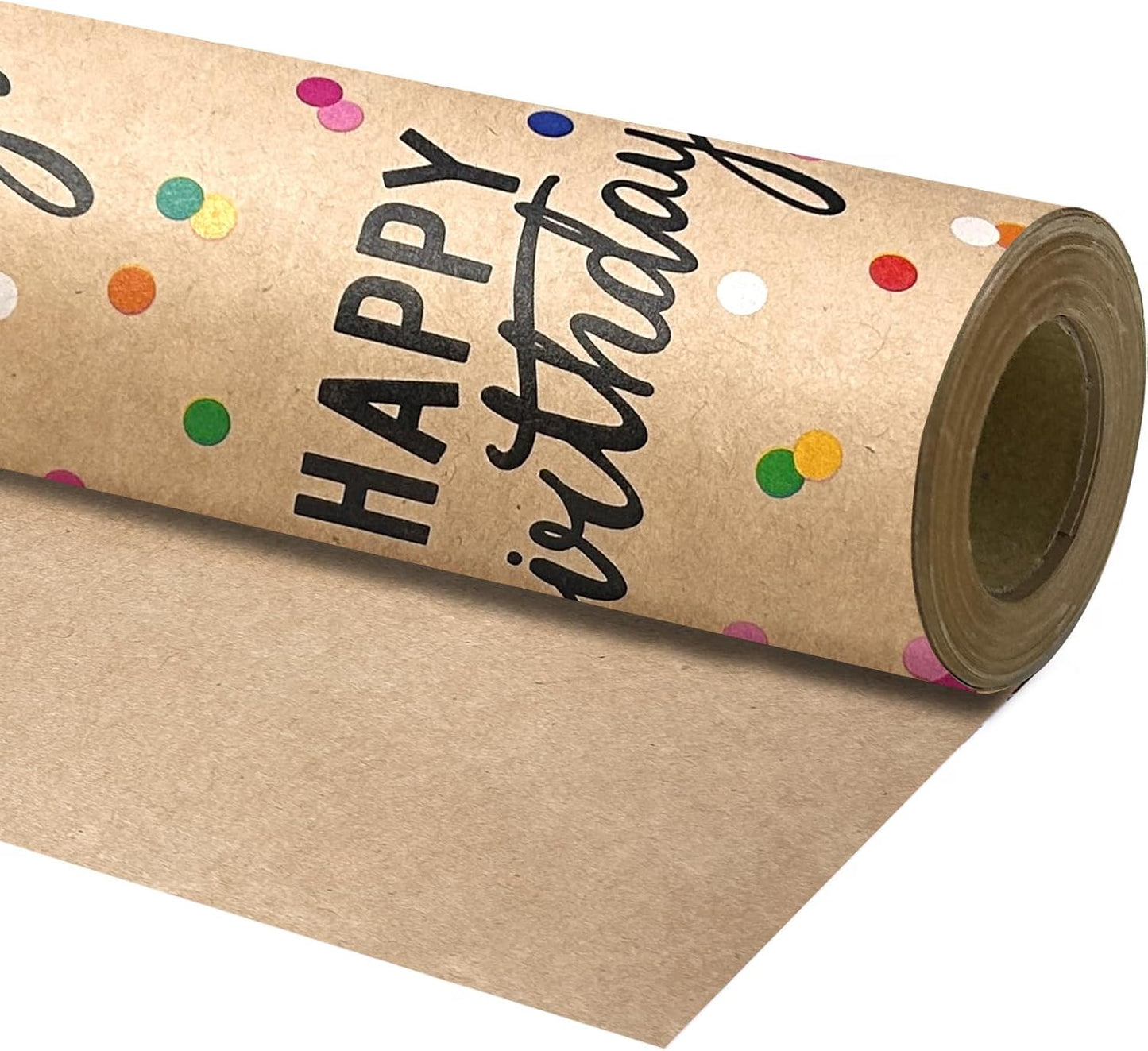 LeZakaa Birthday Kraft Wrapping Paper Roll, Happy Birthday Lettering & Colored Polka Dots Kraft Design for Holiday, Party, Baby Shower, 17 inches x 32.8 Feet (46.45 sq.ft.)