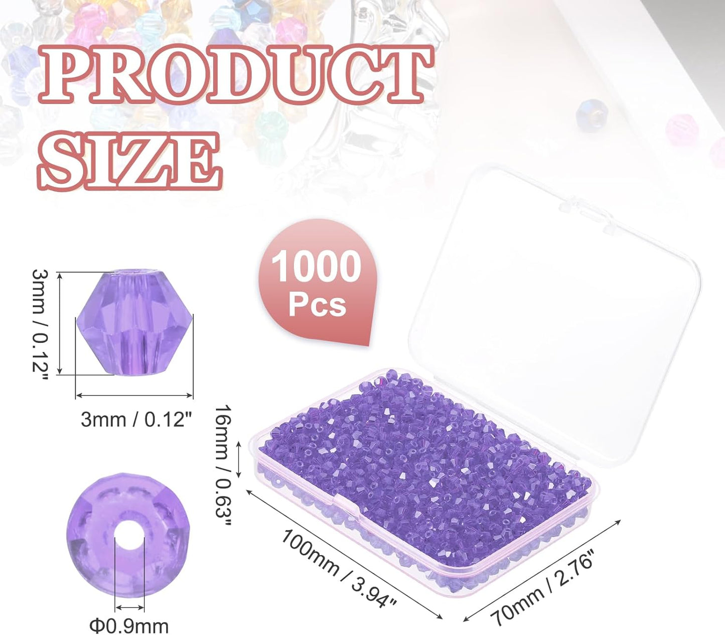 PATIKIL 1000pcs 3mm Bicone Glass Crystal Beads, Faceted Glass Spacer Beads with Box for Jewelry Making Bracelet Necklace Earrings DIY Suncatcher Craft, Purple