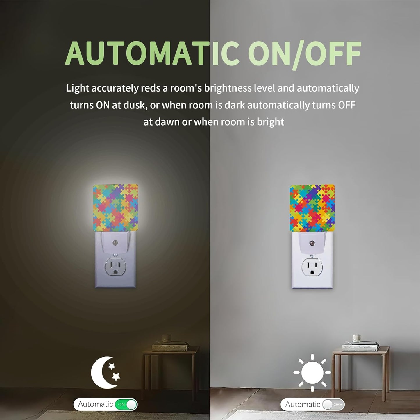 Autism Puzzles Night Light, Night Light Plug into Wall with Dusk to Dawn Sensor, LED Lamp Energy Saving Lights for Men Women Boys Girls,Lamp for Bedroom Bathroom Hallway