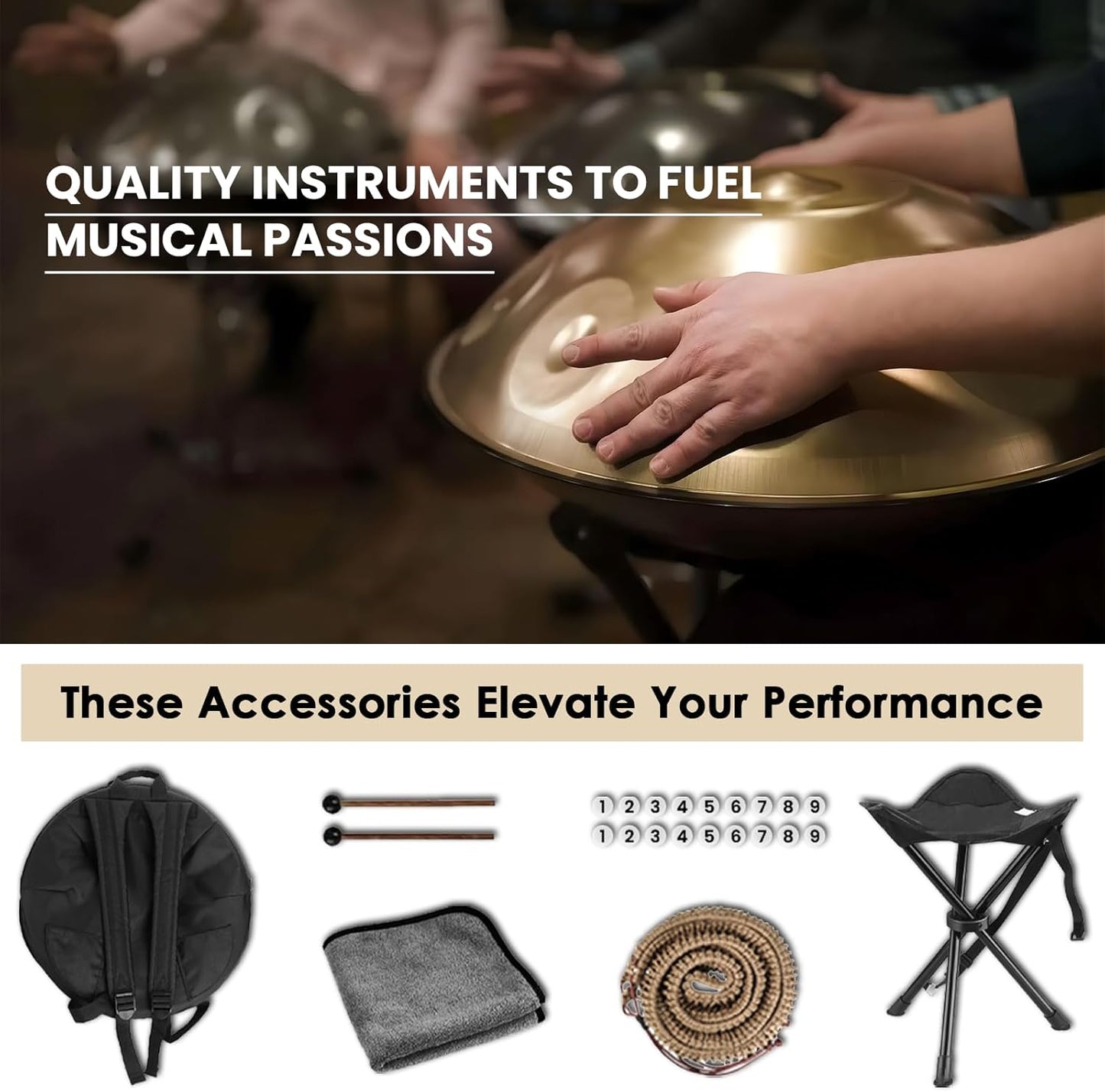 "SINGOFIRE" 12-Notes Handpan Drum, Handpan Drums for Adults, 22-Inch 440Hz D Minor Kurd Handpan, HandPan Instrument with Soft Handpan Bag, 2 Handpan Mallets, Handpan Stand and Dust-Free Cloth(Gold)